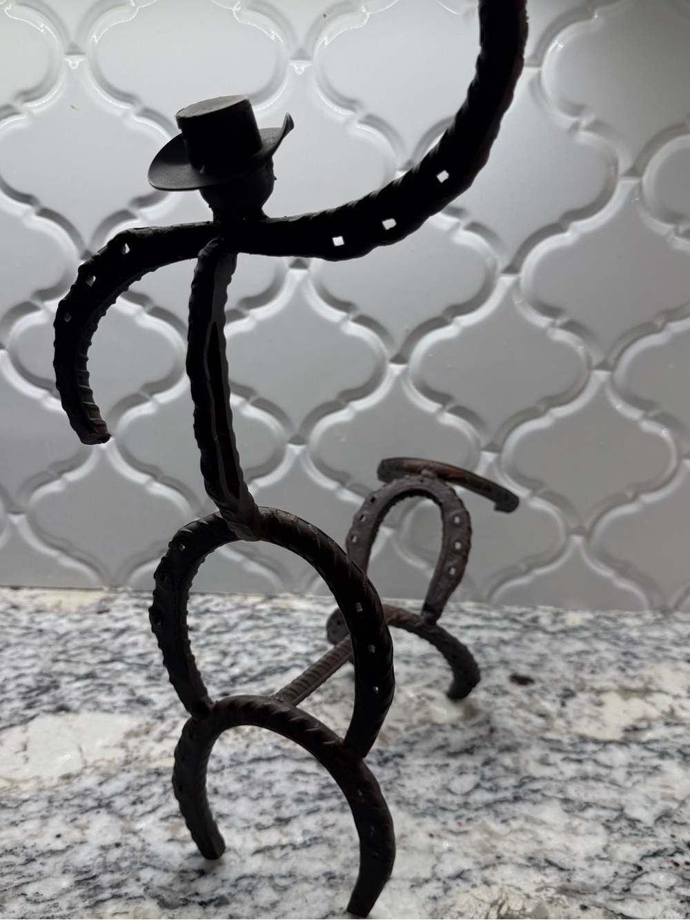 Rustic Horseshoe Cowboy Western Folk Art Sculpture or Wine Bottle Holder